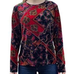 Vintage 90's White Stag Womens Velvet Patchwork Floral Long Sleeve Blouse Size L